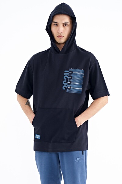 Tommylife Wholesale Navy Blue Hooded Kangaroo Pocket Oversize Men's T-shirt - 88196 - Thumbnail