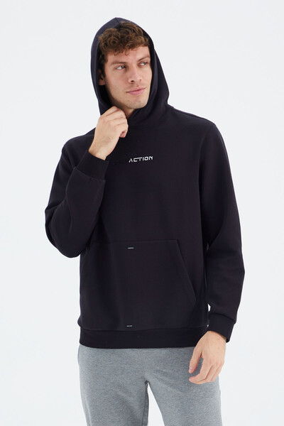 Tommylife Wholesale Navy Blue Hooded Kangaroo Relaxed Fit Men's Sweatshirt - 88280 - Thumbnail