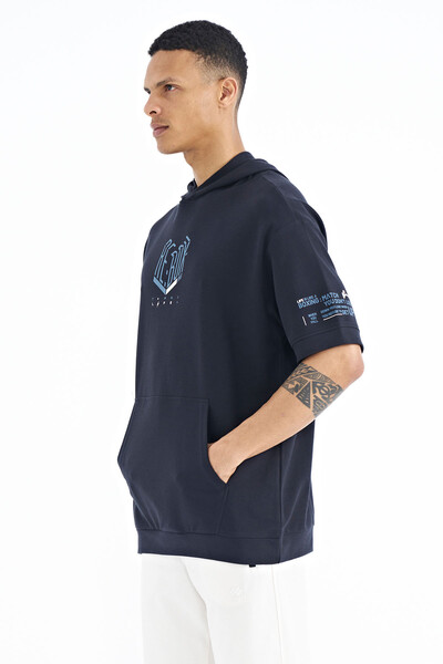 Tommylife Wholesale Navy Blue Hooded Oversize Men's T-shirt - 88194 - Thumbnail