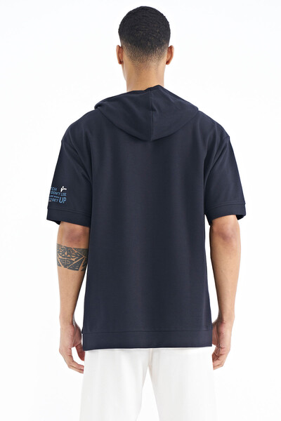 Tommylife Wholesale Navy Blue Hooded Oversize Men's T-shirt - 88194 - Thumbnail