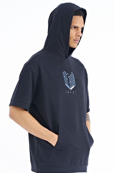 Tommylife Wholesale Navy Blue Hooded Oversize Men's T-shirt - 88194 - Thumbnail