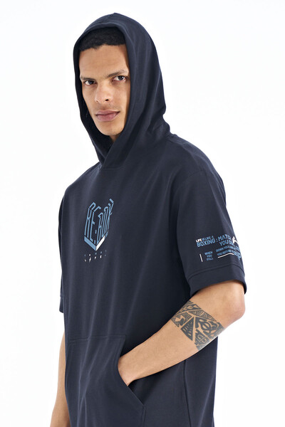 Tommylife Wholesale Navy Blue Hooded Oversize Men's T-shirt - 88194 - Thumbnail