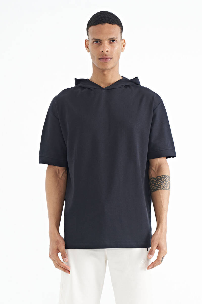 TOMMYLIFE - Tommylife Wholesale Navy Blue Hoodie Oversize Men's T-shirt - 88179