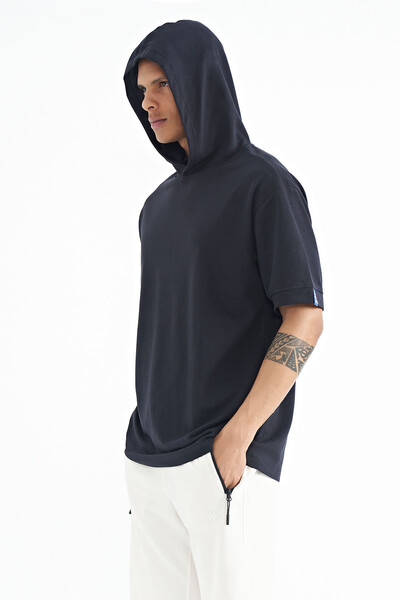 Tommylife Wholesale Navy Blue Hoodie Oversize Men's T-shirt - 88179 - Thumbnail