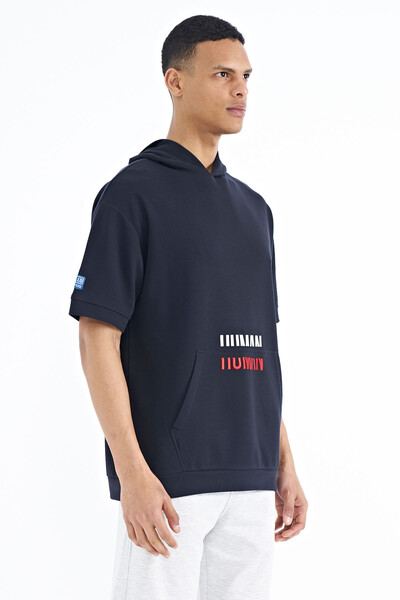 Tommylife Wholesale Navy Blue Kangaroo Pocket Hooded Men's T-Shirt - 88195 - Thumbnail