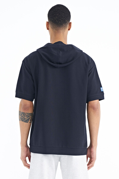 Tommylife Wholesale Navy Blue Kangaroo Pocket Hooded Men's T-Shirt - 88195 - Thumbnail