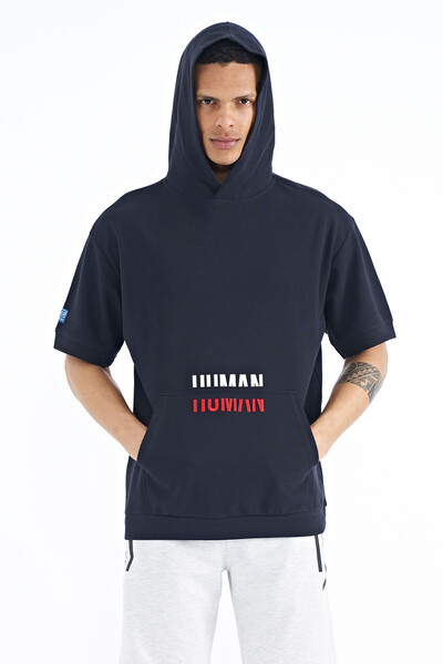 Tommylife Wholesale Navy Blue Kangaroo Pocket Hooded Men's T-Shirt - 88195 - Thumbnail