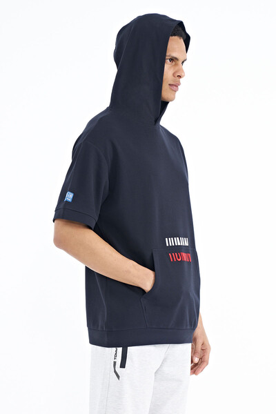 Tommylife Wholesale Navy Blue Kangaroo Pocket Hooded Men's T-Shirt - 88195 - Thumbnail