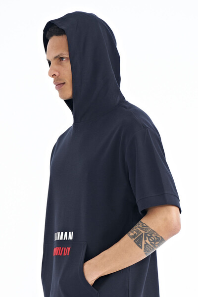 Tommylife Wholesale Navy Blue Kangaroo Pocket Hooded Men's T-Shirt - 88195 - Thumbnail