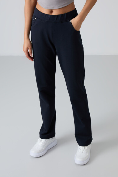 TOMMYLIFE - Tommylife Wholesale Navy Blue Stone Detailed With Pockets Comfy Classic Hem Women's Sweatpant - 94007