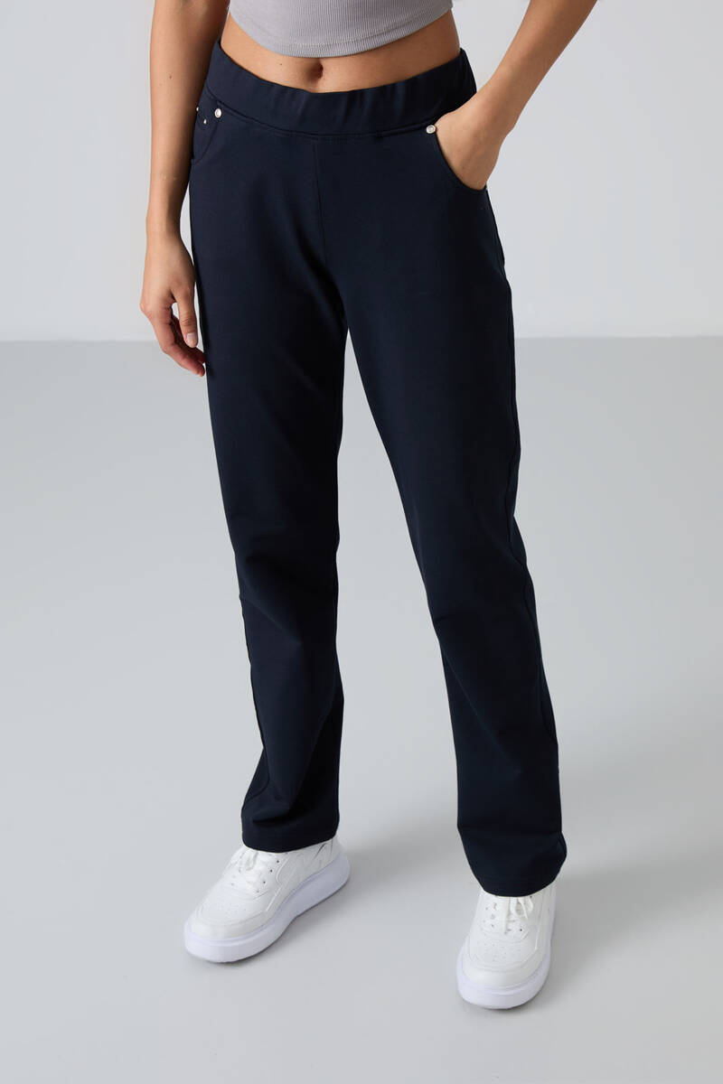 TOMMYLIFE - Tommylife Wholesale Navy Blue Stone Detailed With Pockets Comfy Classic Hem Women's Sweatpant - 94007