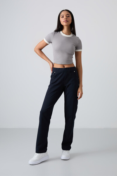 Tommylife Wholesale Navy Blue Stone Detailed With Pockets Comfy Classic Hem Women's Sweatpant - 94007 - Thumbnail