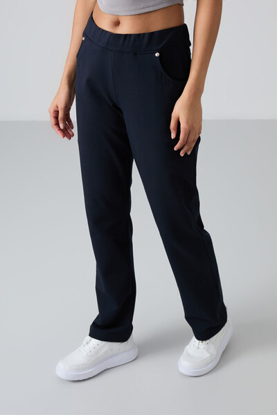 Tommylife Wholesale Navy Blue Stone Detailed With Pockets Comfy Classic Hem Women's Sweatpant - 94007 - Thumbnail