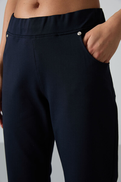 Tommylife Wholesale Navy Blue Stone Detailed With Pockets Comfy Classic Hem Women's Sweatpant - 94007 - Thumbnail