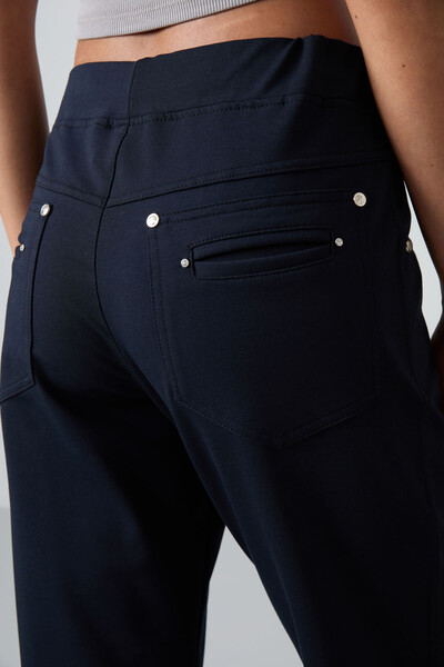 Tommylife Wholesale Navy Blue Stone Detailed With Pockets Comfy Classic Hem Women's Sweatpant - 94007 - Thumbnail