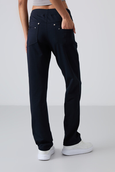 Tommylife Wholesale Navy Blue Stone Detailed With Pockets Comfy Classic Hem Women's Sweatpant - 94007 - Thumbnail