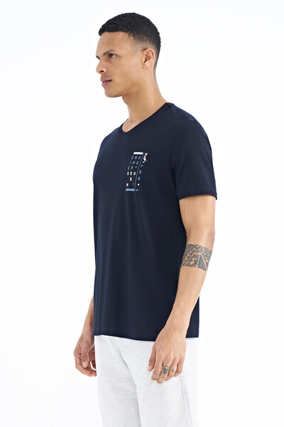 Tommylife Wholesale Navy Blue V Collar Standard Fit Men's T-Shirt - 88186 - Thumbnail