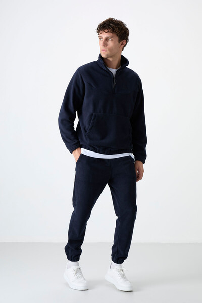TOMMYLIFE - Tommylife Wholesale Navy Blue With Half Zipper Neckband Elastic Hem Men's Fleece Set - 85159