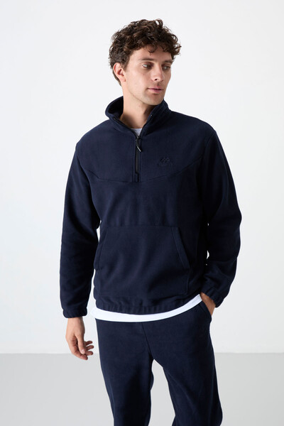 Tommylife Wholesale Navy Blue With Half Zipper Neckband Elastic Hem Men's Fleece Set - 85159 - Thumbnail