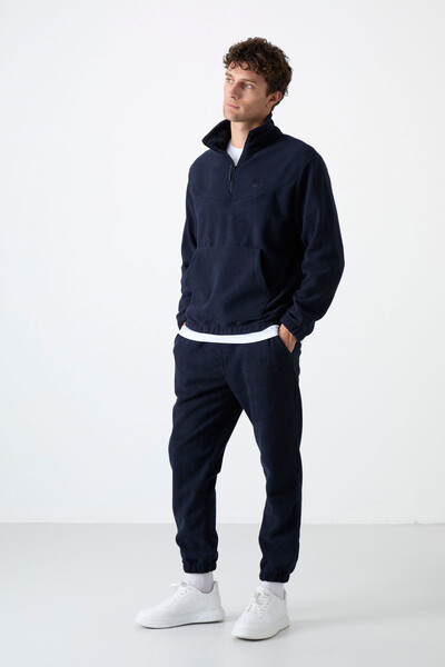 Tommylife Wholesale Navy Blue With Half Zipper Neckband Elastic Hem Men's Fleece Set - 85159 - Thumbnail