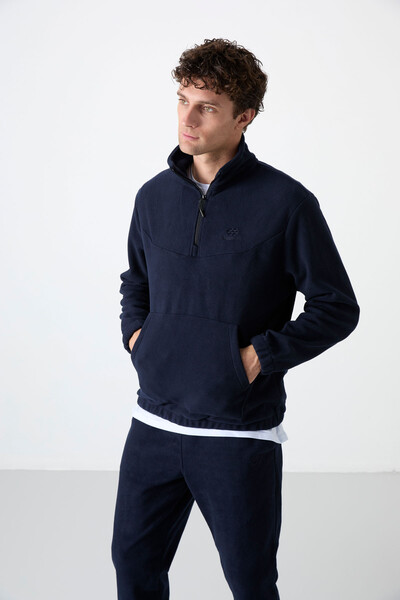 Tommylife Wholesale Navy Blue With Half Zipper Neckband Elastic Hem Men's Fleece Set - 85159 - Thumbnail