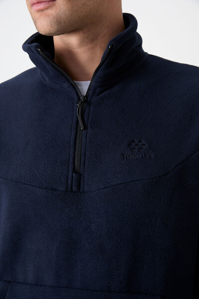 Tommylife Wholesale Navy Blue With Half Zipper Neckband Elastic Hem Men's Fleece Set - 85159 - Thumbnail