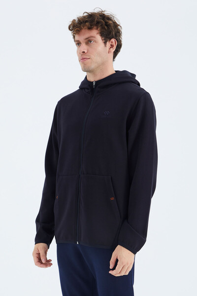 Tommylife Wholesale Navy Blue Zippered Hooded Relaxed Fit Men's Sweatshirt - 88271 - Thumbnail