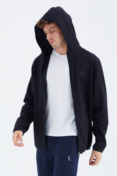 Tommylife Wholesale Navy Blue Zippered Hooded Relaxed Fit Men's Sweatshirt - 88271 - Thumbnail