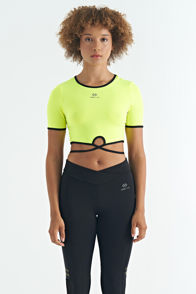 Tommylife Wholesale Neon Yellow Crew Neck Standard Fit Women's Crop T-Shirt - 97266 - Thumbnail