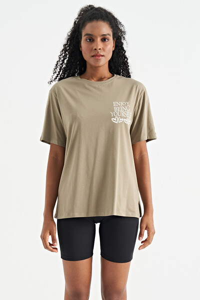 Tommylife Wholesale Olive Green O-Neck Short Sleeve Oversize Women's T-shirt - 02267 - Thumbnail