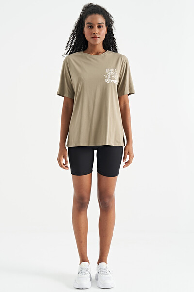 Tommylife Wholesale Olive Green O-Neck Short Sleeve Oversize Women's T-shirt - 02267 - Thumbnail