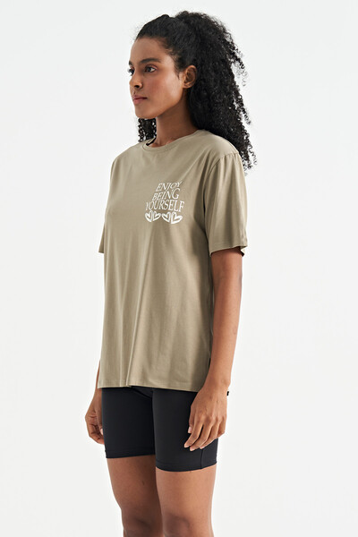 Tommylife Wholesale Olive Green O-Neck Short Sleeve Oversize Women's T-shirt - 02267 - Thumbnail