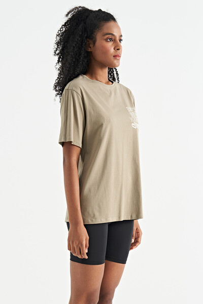 Tommylife Wholesale Olive Green O-Neck Short Sleeve Oversize Women's T-shirt - 02267 - Thumbnail