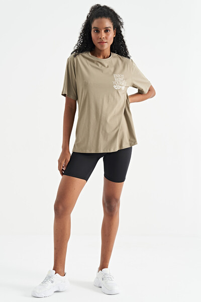 Tommylife Wholesale Olive Green O-Neck Short Sleeve Oversize Women's T-shirt - 02267 - Thumbnail