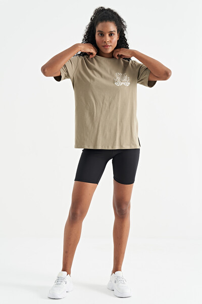 Tommylife Wholesale Olive Green O-Neck Short Sleeve Oversize Women's T-shirt - 02267 - Thumbnail