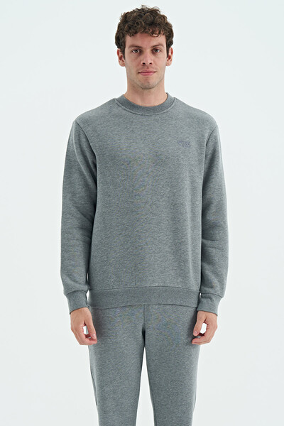 Tommylife Wholesale Omar Crew Neck Standard Fit Basic Men's Sweatshirt 88137 Gray Melange - Thumbnail