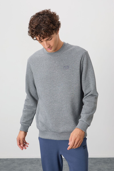 Tommylife Wholesale Omar Crew Neck Standard Fit Basic Men's Sweatshirt 88137 Gray Melange - Thumbnail