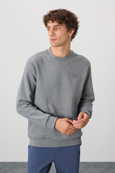 Tommylife Wholesale Omar Crew Neck Standard Fit Basic Men's Sweatshirt 88137 Gray Melange - Thumbnail