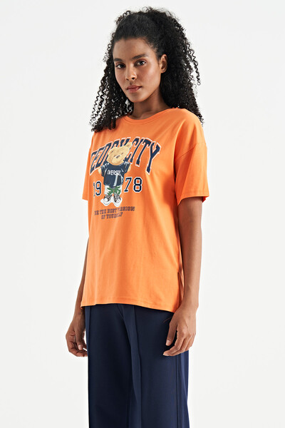 Tommylife Wholesale Orange O-Neck Low Oversize Women's T-Shirt - 02182 - Thumbnail