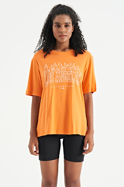 Tommylife Wholesale Orange Oversize O-Neck Basic Women's T-Shirt - 02181 - Thumbnail