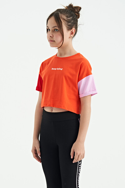Tommylife Wholesale Orange Printed Round Neck Oversize Girls T-Shirt - 75130 - Thumbnail
