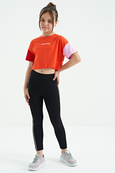 Tommylife Wholesale Orange Printed Round Neck Oversize Girls T-Shirt - 75130 - Thumbnail