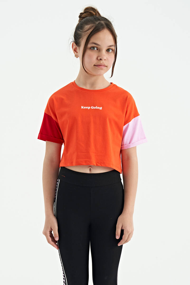 TOMMYLIFE - Tommylife Wholesale Orange Printed Round Neck Oversize Girls T-Shirt - 75130