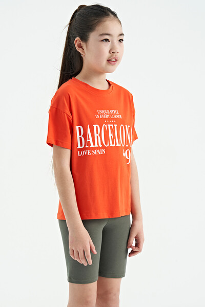 Tommylife Wholesale Orange Round Neck Printed Oversize Girls T-Shirt - 75115 - Thumbnail