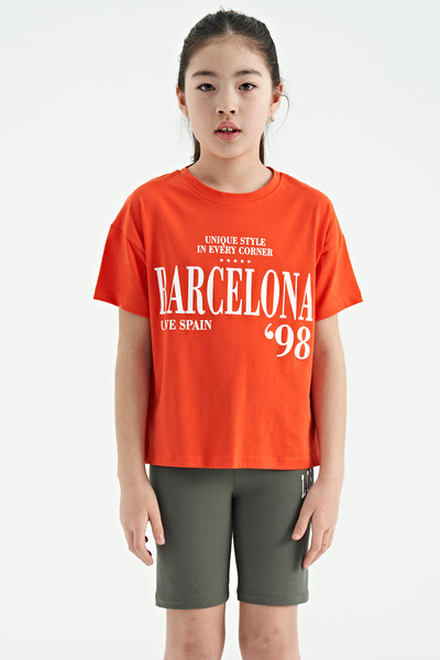 Tommylife Wholesale Orange Round Neck Printed Oversize Girls T-Shirt - 75115 - Thumbnail