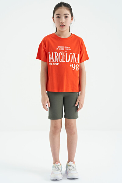 Tommylife Wholesale Orange Round Neck Printed Oversize Girls T-Shirt - 75115 - Thumbnail