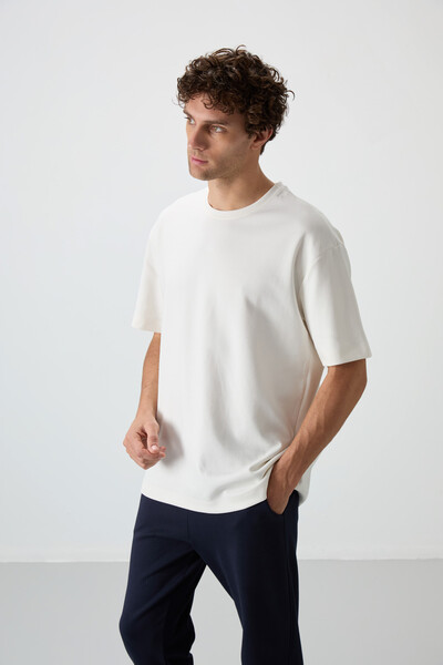 Tommylife Wholesale Oversize Basic Men's T-Shirt Tracksuit Set 85251 Ecru - Navy Blue - Thumbnail