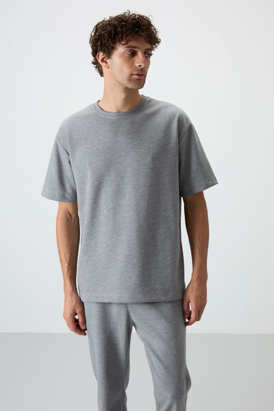 Tommylife Wholesale Oversize Basic Men's T-Shirt Tracksuit Set 85251 Gray Melange - Thumbnail