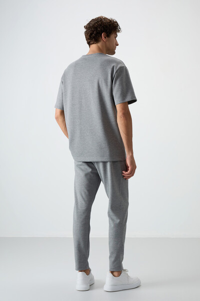 Tommylife Wholesale Oversize Basic Men's T-Shirt Tracksuit Set 85251 Gray Melange - Thumbnail
