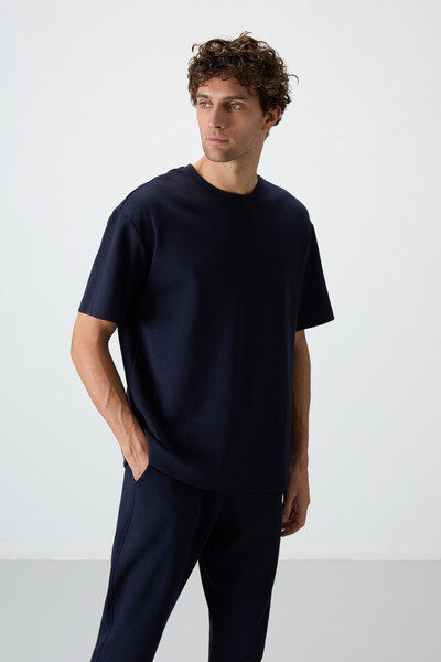 Tommylife Wholesale Oversize Basic Men's T-Shirt Tracksuit Set 85251 Navy Blue - Thumbnail